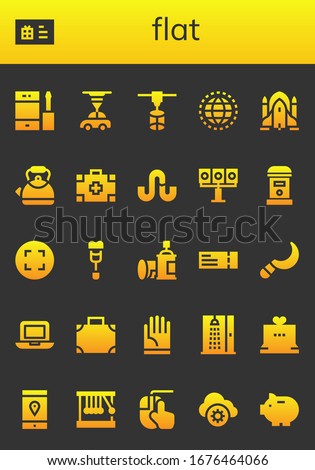 flat icon set. 26 filled flat icons.  Simple modern icons such as: Phone, Gift card, 3d printer, Worldwide, Rocket ship, Kettle, Medical kit, Stumbleupon, Illumination, Mailbox