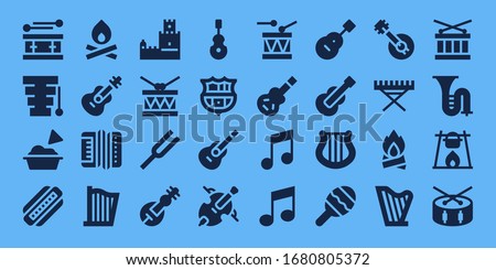 Modern Simple Set of guitar Vector filled Icons. Contains such as Drum, Xylophone, Guacamole, Harmonica, Bonfire, Guitar, Accordion and more Fully Editable and Pixel Perfect icons.