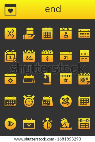 end icon set. 26 filled end icons. Included Shuffle, Calendar, Gallow, Timer, Skip, Stop watch icons
