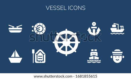 vessel icon set. 9 filled vessel icons.  Simple modern icons such as: Helm, Boat, Porthole, Sailboat, Sailor, Cargo ship, Anchor