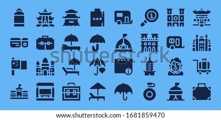 tourist icon set. 32 filled tourist icons. Included Canteen, Plane ticket, China, Berlin, Pagoda, Suitcase, Angkor wat, Bus stop, Sunbed, Hip flask, Umbrella, Caravan, Tent icons
