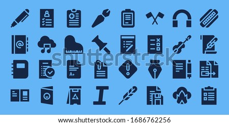 note icon set. 32 filled note icons. Included Pen, Agenda, Notebook, Postcard, Register, Music file, Tasks, Clipboard, Piano, Exam, Danger, Push pin, Paperclip, Italic, Form icons