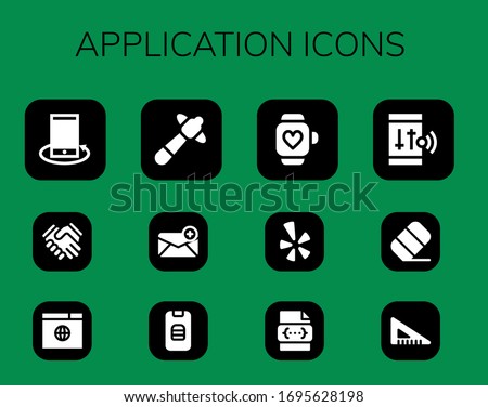 application icon set. 12 filled application icons. Included Smartphone, Shake hands, Browser, Hammer, Email, Smartwatch, Yelp, Css, Eraser, Set square icons