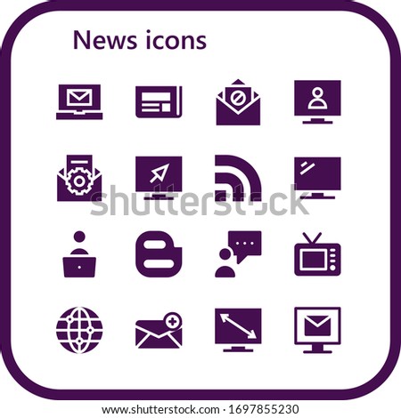 Modern Simple Set of news Vector filled Icons. Contains such as Email, Newspaper, Television, Rss, Blogger, Worlwide and more Fully Editable and Pixel Perfect icons.