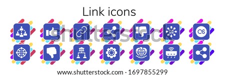 link icon set. 14 filled link icons.  Simple modern icons such as: Connected, Network, Thumb up, Dislike, Hyperlink, Sharing, Share, Data, Nice, Connect, Router, Lastfm