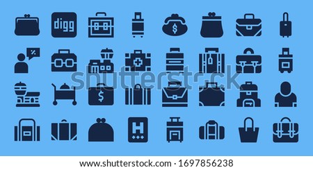 Modern Simple Set of suitcase Vector filled Icons. Contains such as Purse, Salesman, Airport, Sport bag, Digg, Case, Room service and more Fully Editable and Pixel Perfect icons.
