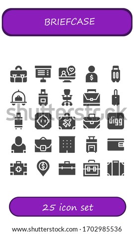 briefcase icon set. 25 filled briefcase icons. Included Briefcase, Project, Videocall, Salesman, Suitcase, Luggage, Office chair, Dohyo, Digg, Case, Office, Billfold, Medical kit icons