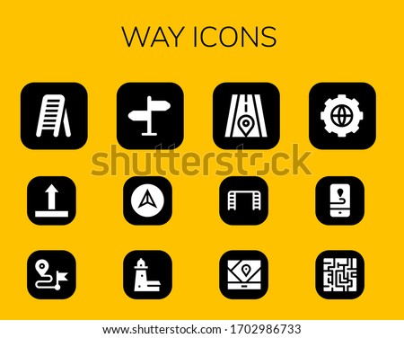 Modern Simple Set of way Vector filled Icons. Contains such as Ladder, Side up, Direction, Signpost, Navigation, Split point, Road and more Fully Editable and Pixel Perfect icons.