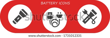 battery icon set. 3 filled battery icons. Included Flashlight, Charge icons