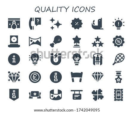 quality icon set. 30 filled quality icons.  Simple modern icons such as: Idea, Question, Stars, Discount, Seal, Webcam, panorama 360 , Chicken, Star, Information, Content, Tennis