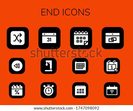 end icon set. 12 filled end icons. Included Shuffle, Skip, Calendar, Gallow, Timer icons