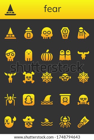 Modern Simple Set of fear Vector filled Icons. Contains such as Witch, Ossuary, Skull, Coffin, Fins, Ghost, Pumpkin, Spider web and more Fully Editable and Pixel Perfect icons.
