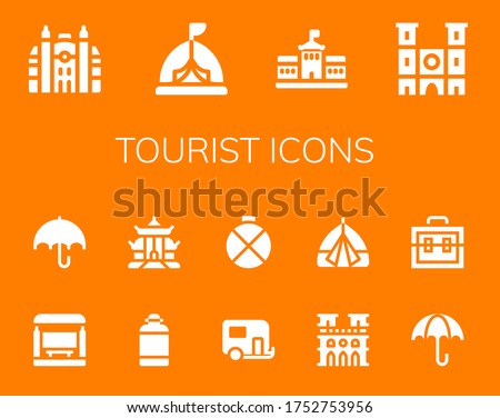 Modern Simple Set of tourist Vector filled Icons. Contains such as Monaco, Tent, Berlin, Notre dame, Bus stop, Umbrella, Canteen and more Fully Editable and Pixel Perfect icons.