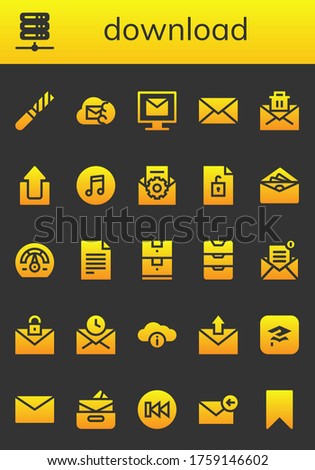 download icon set. 26 filled download icons.  Simple modern icons such as: File, Server, Email, Mail, Upload, Itunes, Envelope, Speedometer, Data storage, Inbox, Cloud, Previous