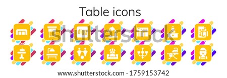 table icon set. 14 filled table icons.  Simple modern icons such as: Sofa, Table, Nightstand, Operating Digg, Foosball, Desk lamp, Bar, Data Chandelier, Reception