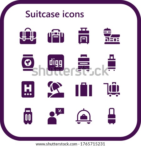 suitcase icon set. 16 filled suitcase icons.  Simple modern icons such as: Briefcase, Sport bag, Suitcase, Airport, Bag, Digg, Baggage, Hotel, Vacation, Luggage, Salesman