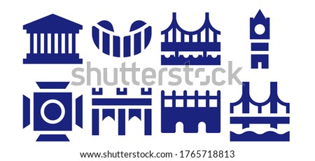 bridge icon set. 8 filled bridge icons.  Simple modern icons such as: Scenic Illumination, Pantheon, Bridge, Gum shield, Big ben