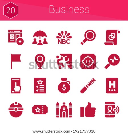 business icon set. 20 filled icons on theme business. collection of Add, Ticket, Placeholder, Dohyo, Church, Dollar, Climbing, Flag, Profile, Nbc, Graphic design, Magnifying glass