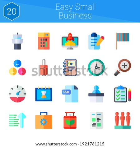 easy small business icon set. 20 flat icons on theme easy small business. collection of calendar, psd, calculator, process, zoom in, flag, suitcase, sort ascending, checklist