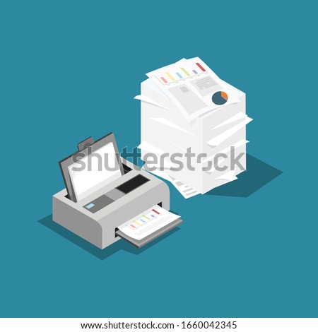 Printers with paper ready to print and many documents vector.