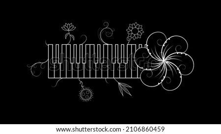 Abstract Piano Keys Music Keyboard Instrument With Plants Brunch Botanical Doodle Outline Melt Song Melody Vector Design Style Imagine de stoc © 