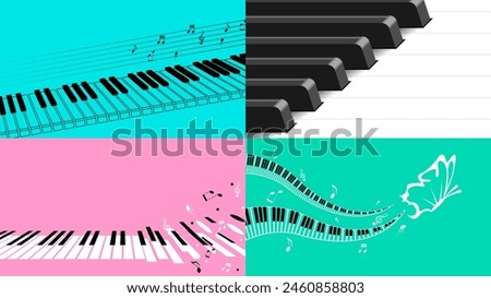 Set Abstract Collection Piano Keys Music Keyboard Instrument With Plants Brunch Botanical Doodle Outline Melt Song Melody Vector Design Style