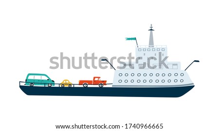 Ferry with cars isolated on white background in a flat style. Children's illustration for design of children's rooms, clothing, textiles. Vector