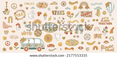 Set retro 70s hippie stickers. Psychedelic groove elements and lettering. Funny illustrations mushrooms, flowers, bus and rainbow in flat style. Positive and peace symbols in vintage style. Vector