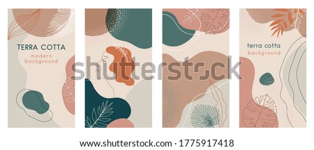 Social media stories set of abstract modern backgrounds with terra cotta pastel color combinations, shapes and tropical palm, monstera leaves, one line women face logo icon. For advertising, branding