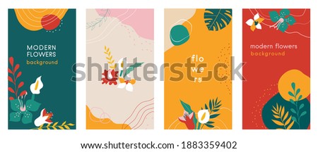 Abstract flowers Social media stories organic backgrounds set with modern color combinations, shapes, flowers and plants, monstera leaves, vertical format For advertising, branding vector illustration