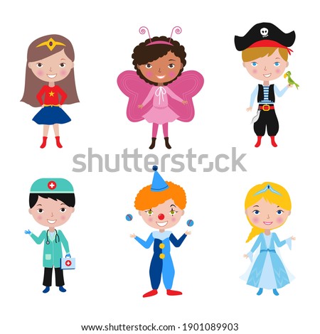 Kids wearing different costumes for costume party. Children Purim carnival funfair concept set. Cute little superhero, princess, clown, butterfly, doctor, pirate with parrot vector illustration.