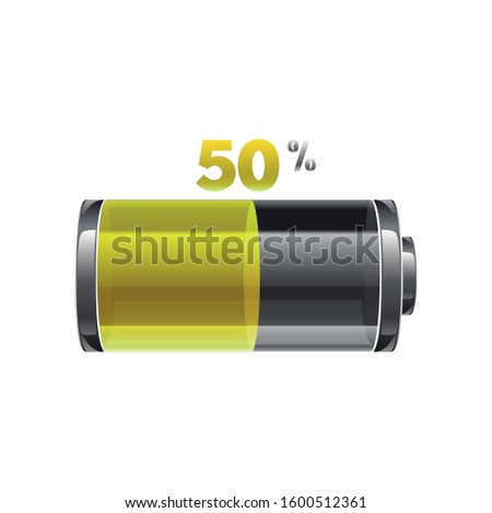 Yellow battery,50% charge with lighting. Vector illustration.vector infographic. Isolated on white background