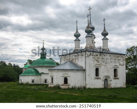 Landscape with White stone church in Suzdal, Vladimir region, Russia