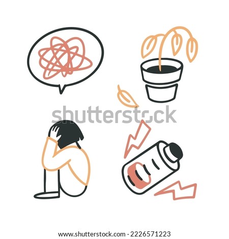 Set of vector stickers about sadness, depression, stress, hopelessness. Bubble with confused thoughts, withering plant, sad girl, low battery. Vector doodle cartoon outline style icon.