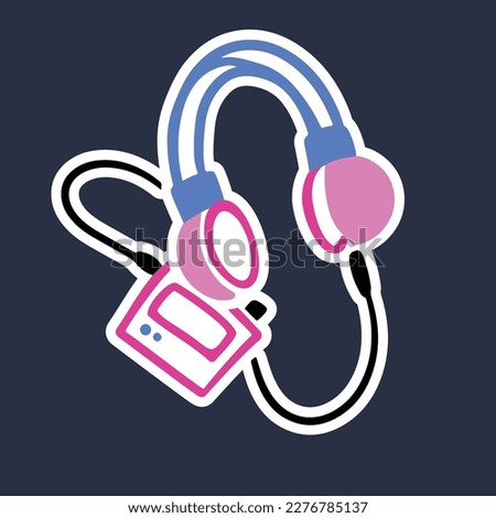 Old retro big headphones with a cassette player on a wire. Vector doodle style in flat cartoon simple 80s or 90s style