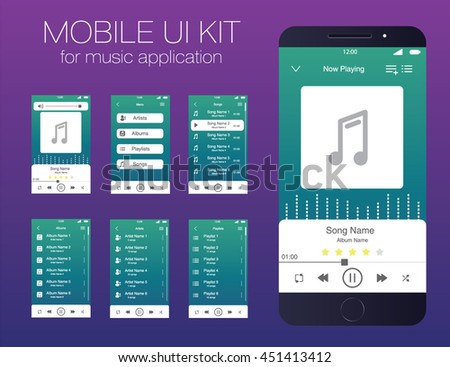 Mobile UI kit for music application. Vector. EPS10