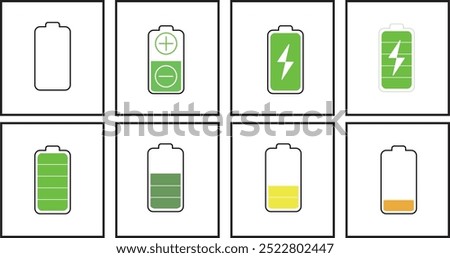 6 different and colorful battery icon sets. Battery charge, Vector icon of a fully charged battery, plus and minus indicators, half full battery