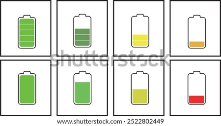 6 different and colorful battery icon sets. Battery charge, Vector icon of a fully charged battery, plus and minus indicators, half full battery