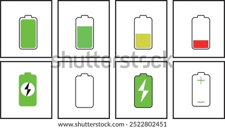 6 different and colorful battery icon sets. Battery charge, Vector icon of a fully charged battery, plus and minus indicators, half full battery