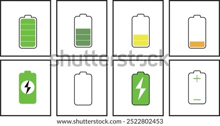 6 different and colorful battery icon sets. Battery charge, Vector icon of a fully charged battery, plus and minus indicators, half full battery