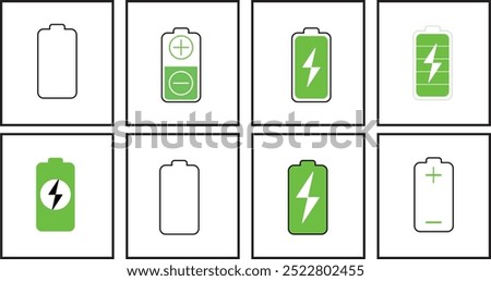 6 different and colorful battery icon sets. Battery charge, Vector icon of a fully charged battery, plus and minus indicators, half full battery