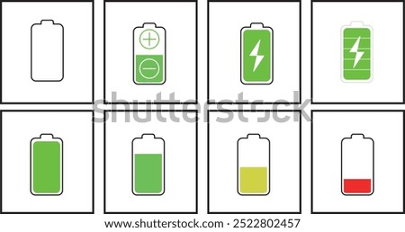 6 different and colorful battery icon sets. Battery charge, Vector icon of a fully charged battery, plus and minus indicators, half full battery