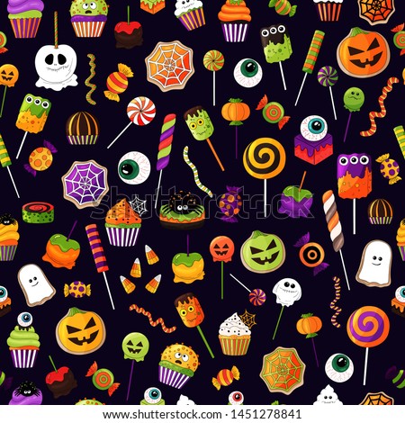 Halloween sweets pattern.Vector candies  with halloween elements and ornaments. Many types spooky dessert. Colorful treats background. Hand drawn realistic delicious,candy corn, pumpkins, eyeballs.   