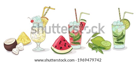 Summer cocktails. Cocktail Tropical fruit collection. Freshness drinks set. Watermelon, coconut, pineapple, lime, mint. Summer cocktails party, pina colada, mojito, watermelon juice. Cocktail vector.