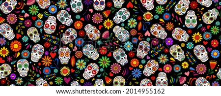 Day of the dead sugar skull pattern. Dia de los muertos print. Day of the dead and  mexican Halloween border. Mexican tradition  festival.  Dia de los Muertos tattoo skulls on black background. 
