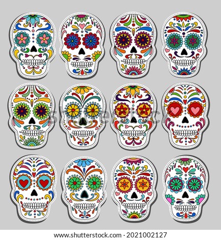 Day of the Dead  skulls stickers. Dia de los muertos. Day of the dead and  mexican Halloween. Mexican tradition  festival. Day of the dead sugar skull isolated.Dia de los Muertos tattoo skulls sticker