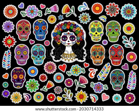 Day of the Dead stickers. Dia de los muertos. Day of the dead, mexican Halloween stickers. Calavera Catrina. Day of the dead sugar skull isolated. Dia de los Muertos skulls sticker. Mexican tradition