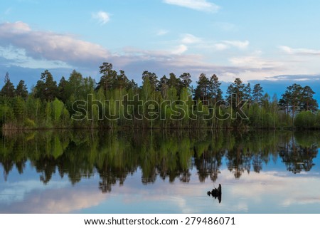 Evening on lake with wood reflexion in water, Russia, Ural Mountains