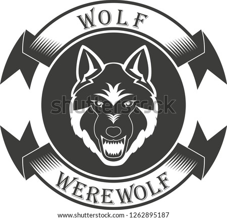 A wolf with a banner and text in black and white for tattoo and sticker. Werewolf