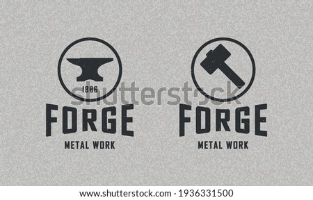 Set of color illustrations of anvil, hammer, circle on a background with a grunge texture. Vector illustration in vintage style for emblem, label, print, symbol. Advertising Forge. Metal works.